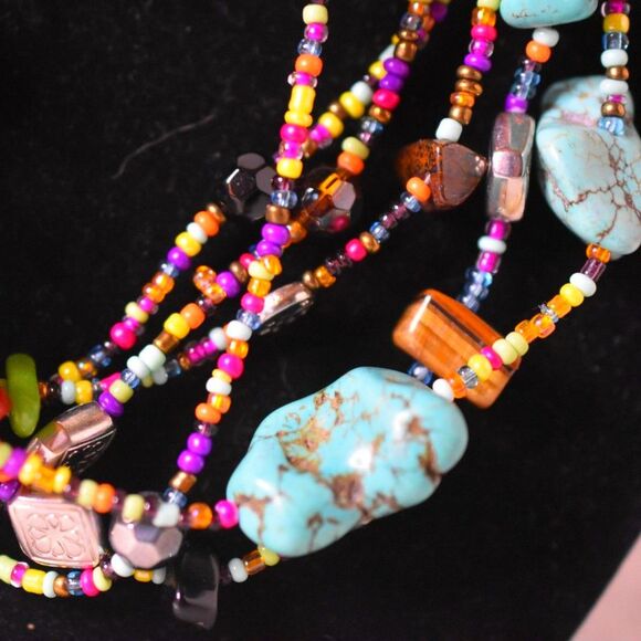 Genuine Turquoise Layered Multi Color/Shape Beads/Stones Silver Tone Necklace - Picture 2 of 5